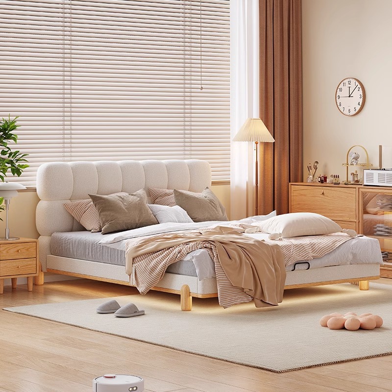 Cama de tela de madera de cera blanca, cama de dormitorio francesa, cama de chica, gato, tela de nube, nube, cama doble moderna y simple