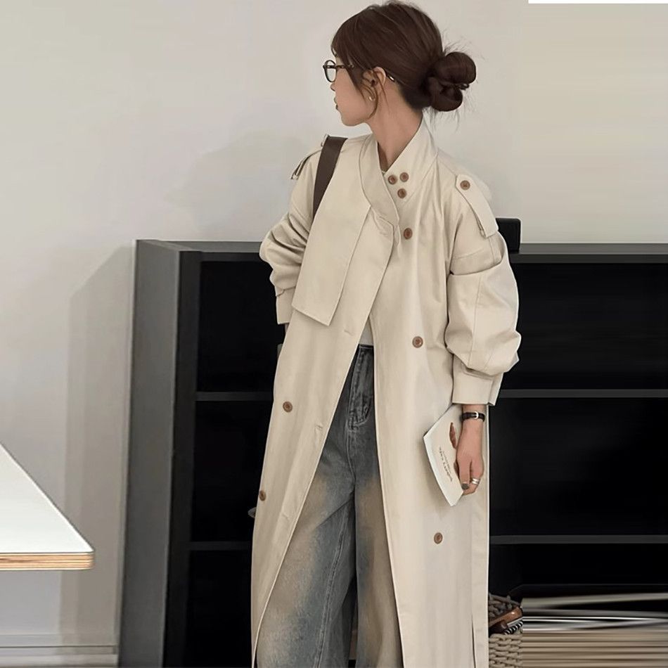Spring and Autumn Mid-Length Korean British Style Trench Coat for Women, Street Style Petite Design, Trendy Blazer Jacket