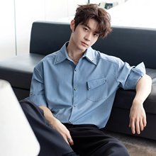 2025夏季新款男士短袖薄款牛仔衬衫不规则口袋设计宽松衬衣无品牌