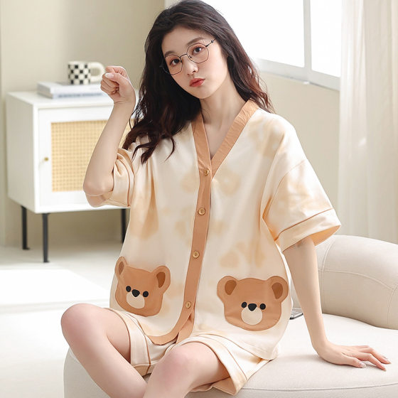 [Pure Cotton] 2025 New Style Pajamas Women's V-neck Cute Summer Home Clothes High-end Cardigan Short-sleeved suit