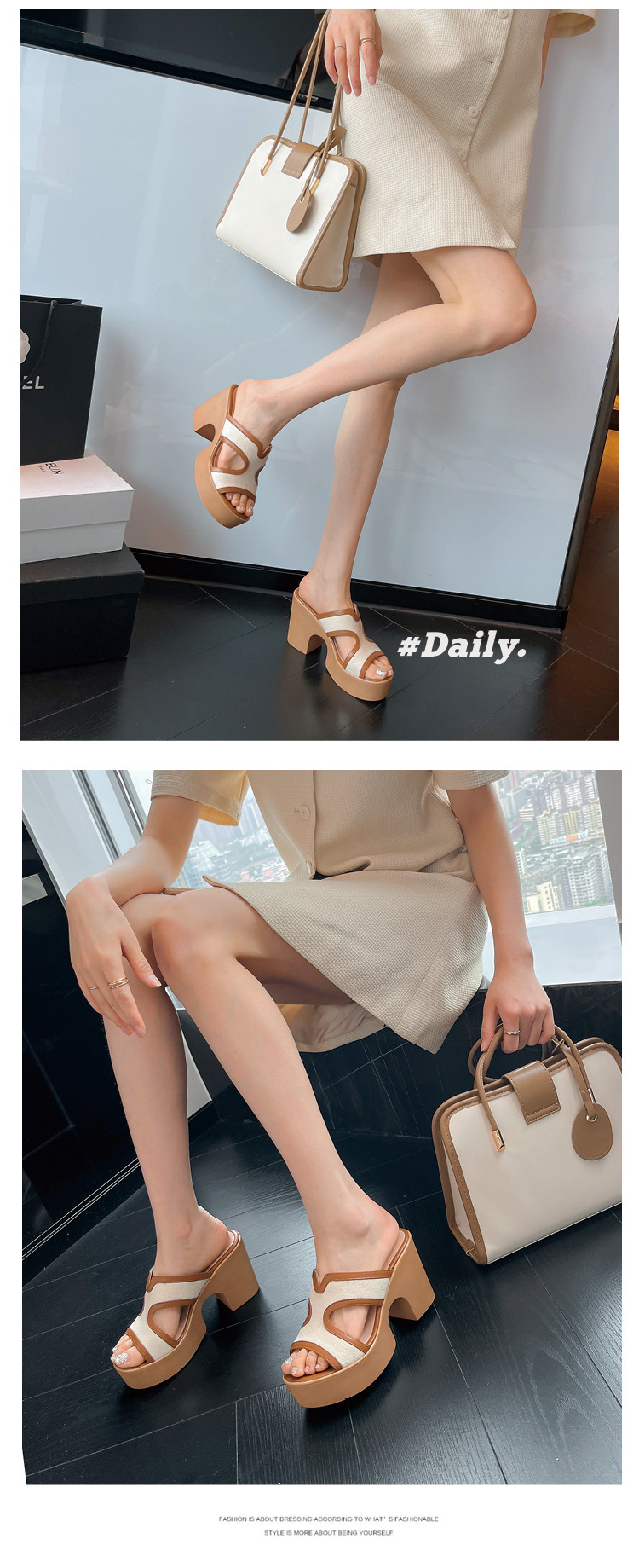 Dép sandal nữ quai chữ V da bò cao cấp đế xuồng dày, gót thô hở mũi, mùa hè — màu kaki chi tiết 9