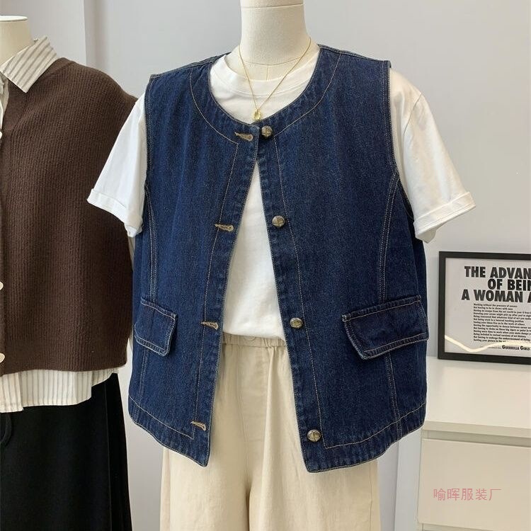 2026 Spring New Versatile Round-Neck Vest Korean Style Retro Blue Denim Vest Chanel-Inspired Fashionable and Stylish 2026 Spring New Versatile Round-Neck Vest Korean Style Retro Blue Denim Vest Chanel-Inspired Fashionable and Stylish
