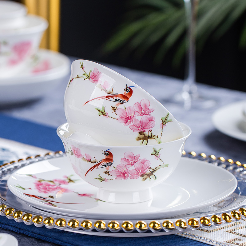 Jingdezhen 세라믹 식기 중국 요리 및 요리 물 포인트 복숭아 꽃 뼈 중국 쌀 그릇 야채 접시 가정용 결혼식 집