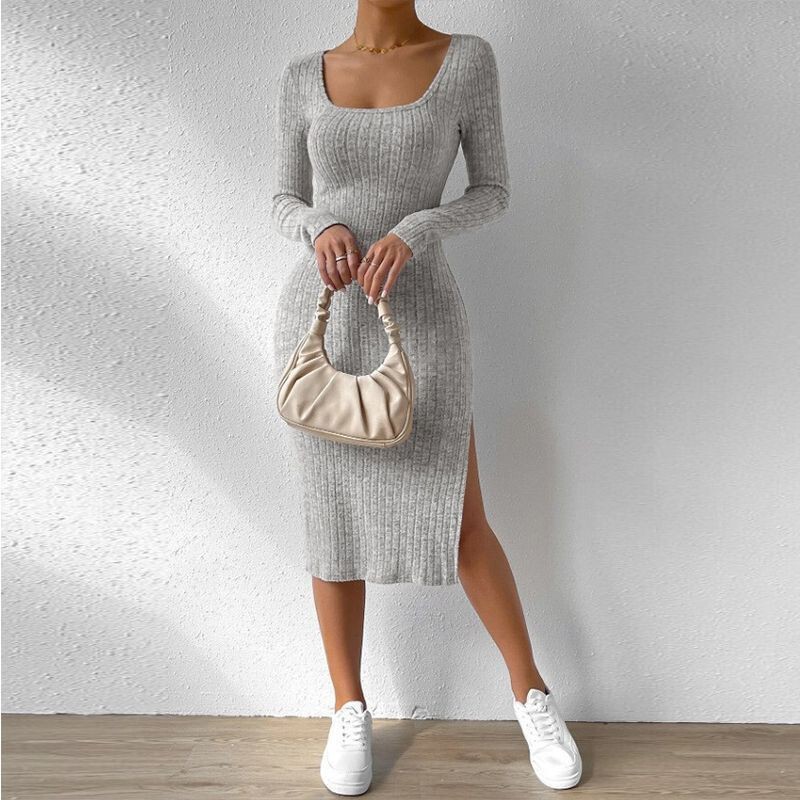 Amazon Independent Site Cross-Border Square Neck Long Sleeve Tight-Fitting Slit Knit Dress Women's Fashion Dress