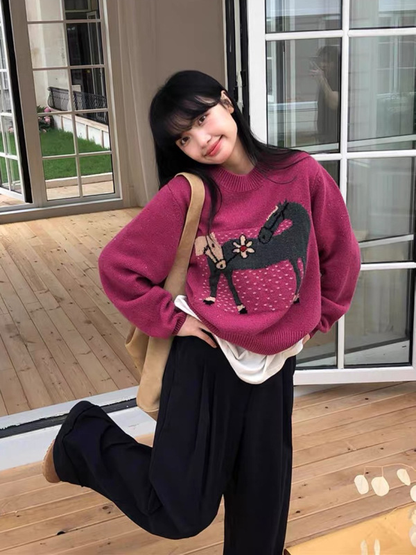 韩系卡通小马提花圆领套头毛衣女秋冬新款宽松时尚减龄针织衫上衣|undefined
