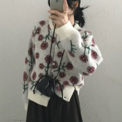 韩系高级感提花圆领毛衣开衫女秋冬季新款宽松百搭减龄针织衫外套
