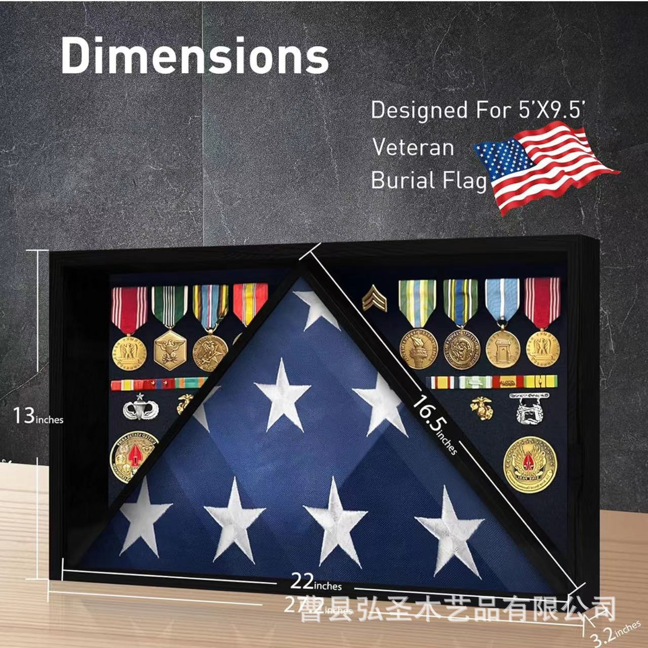 Estante de almacenamiento de la medalla de la bandera transfronteriza Adornos de madera Caja de sombra de la bandera de los veteranos Caja de exhibición de la cubierta protectora de la bandera