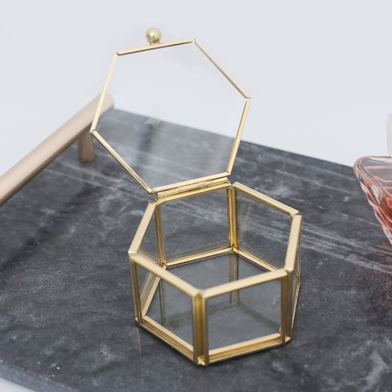 Small retro brass hexagonal glass ring, box, light luxury style
