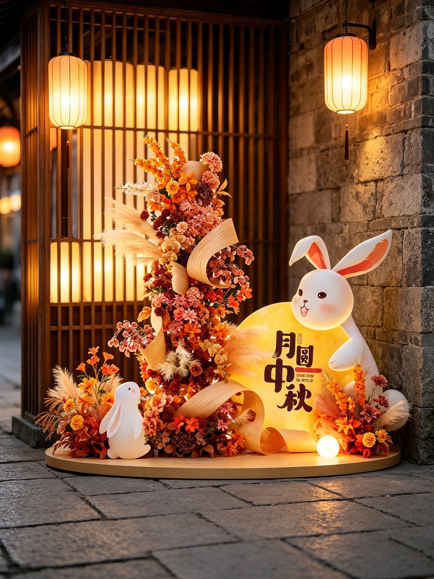 中秋节秋季仿真花艺兔子美陈装饰商场酒店门店景区节日打卡背景墙