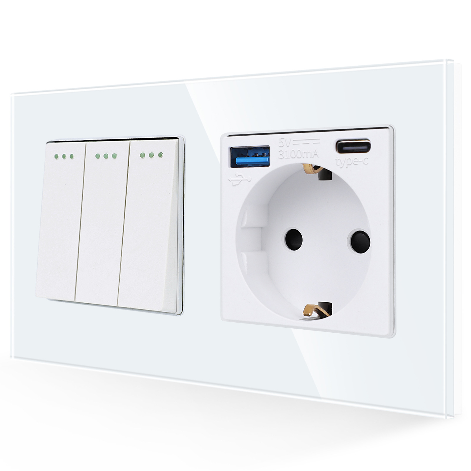 白色3G机械开关带USB/Type-c欧式德式插座玻璃平板带接地俄罗斯