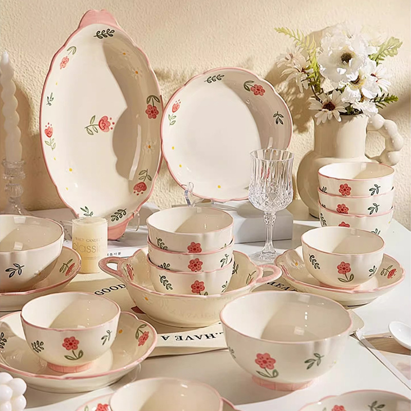 Ins Underglaze Color Ceramic Tableware High-Value Household Bowls, Plates, Spoons, Instant Noodle Bowls, Soup Bowls, Combination Bowls and Dishes Set