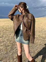 复古咖色机车pu皮夹克女美式春秋季宽松时尚感超好看皮衣开衫外套
