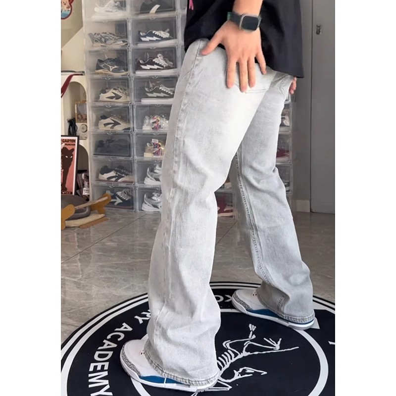 Smoke Gray Scimitar Jeans for Fat Boys with Thick Legs and Big Buttocks, Slim Fit Pants, American High Street Micro-Flared Pants 4