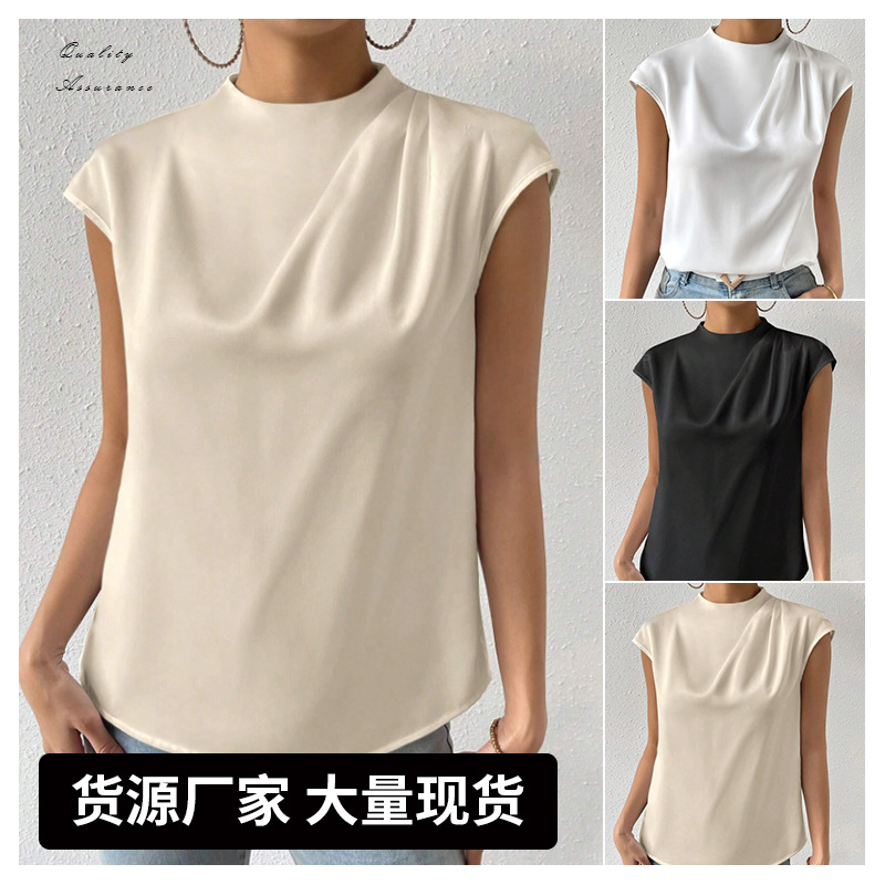Top de seda de imitación camiseta de satén para mujer traje de base sin mangas satén con cuello redondo de verano en stock