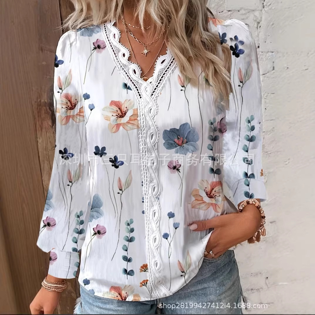 Camisa de Manga Larga con Encaje para Mujer de Poliéster Cuello en V para Otoño image 2