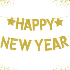 Cross-border Happy New Year banner HAPPY NEW YEAR letters latte art stars New Year banner New Year's Eve celebration