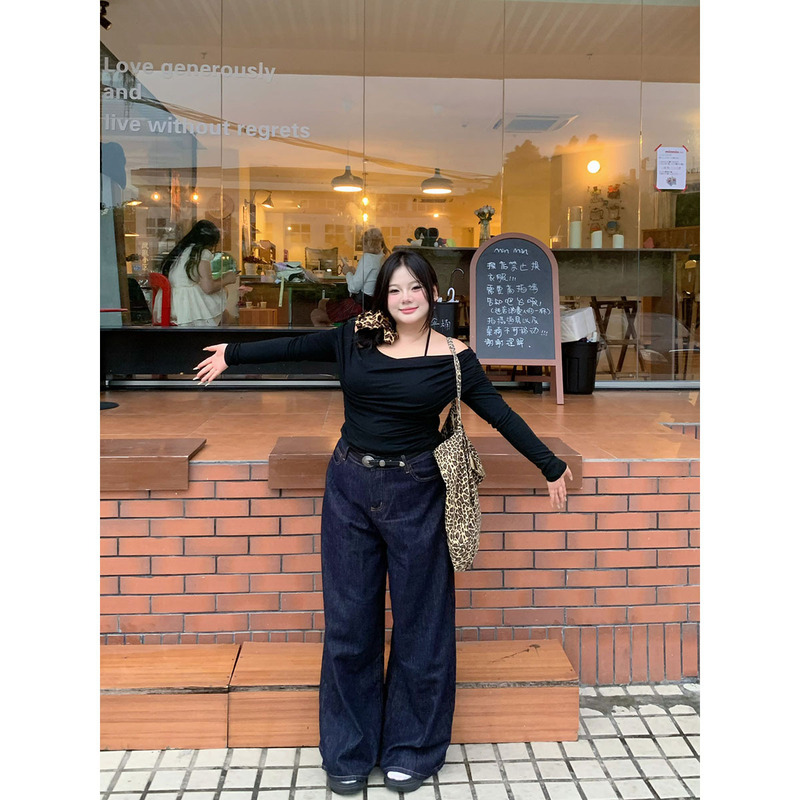 Zuiyue Shirt Plus Size Top Women's Early Autumn Hot Girl Style Swing Collar Halter Black Long Sleeve T-Shirt Straight-Leg Jeans Sexy