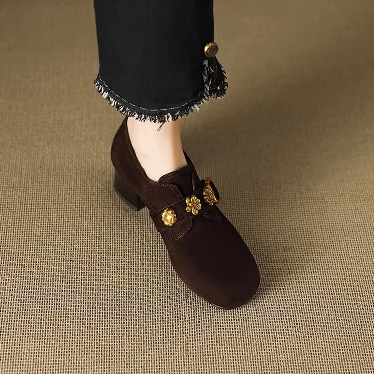 2025 New Spring and Autumn French Loafers Women's Rhinestone Round Toe Middle Heel Thick Leather Frosted Leather Deep Mouth Single-layer Shoes for Women 2025 New Spring and Autumn French Loafers Women's Rhinestone Round Toe Middle Heel Thick Leather Frosted Leather Deep Mouth Single-layer Shoes for Women