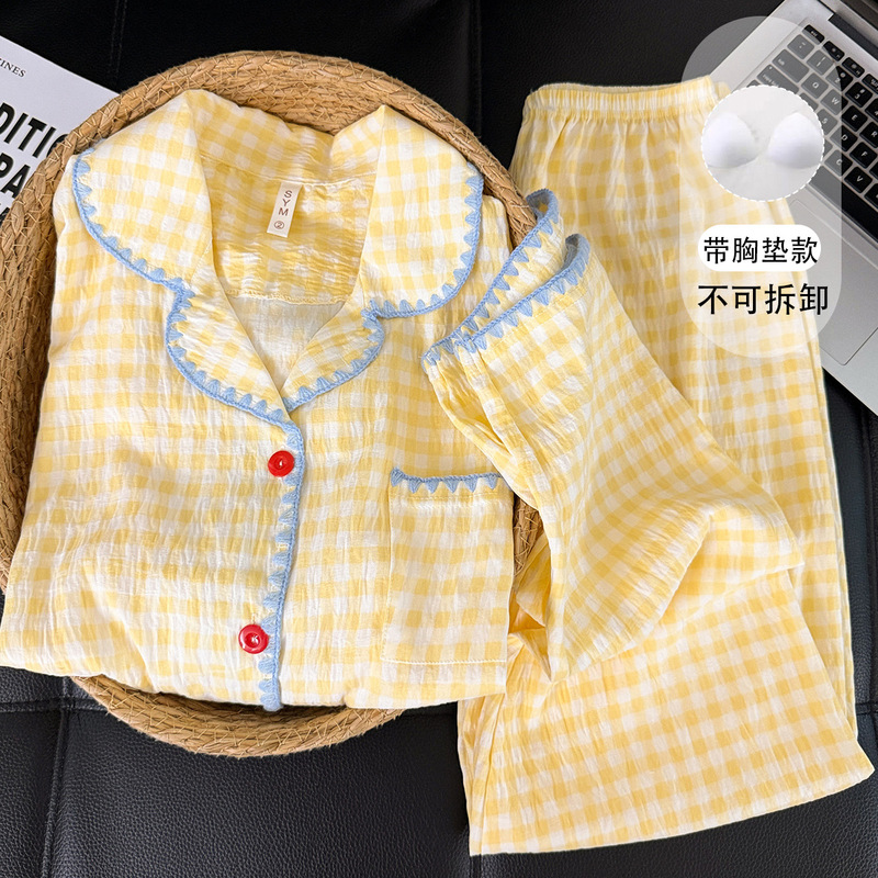 Japanese-style cream yellow plaid lace pajamas with chest pads, plus-size women's spring and autumn long-sleeve home wear set, in stock from the manufacturer Japanese-style cream yellow plaid lace pajamas with chest pads, plus-size women's spring and autumn long-sleeve home wear set, in stock from the manufacturer