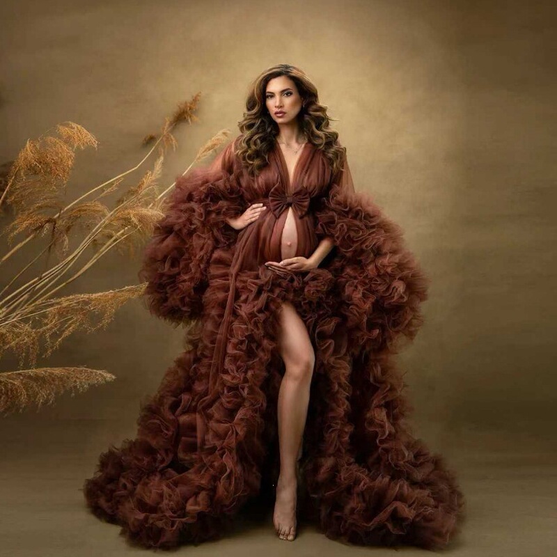 Maternity photo shoot mesh gown with deep V-neck, bow, 3D fringed edges, and long train, available in multiple colors