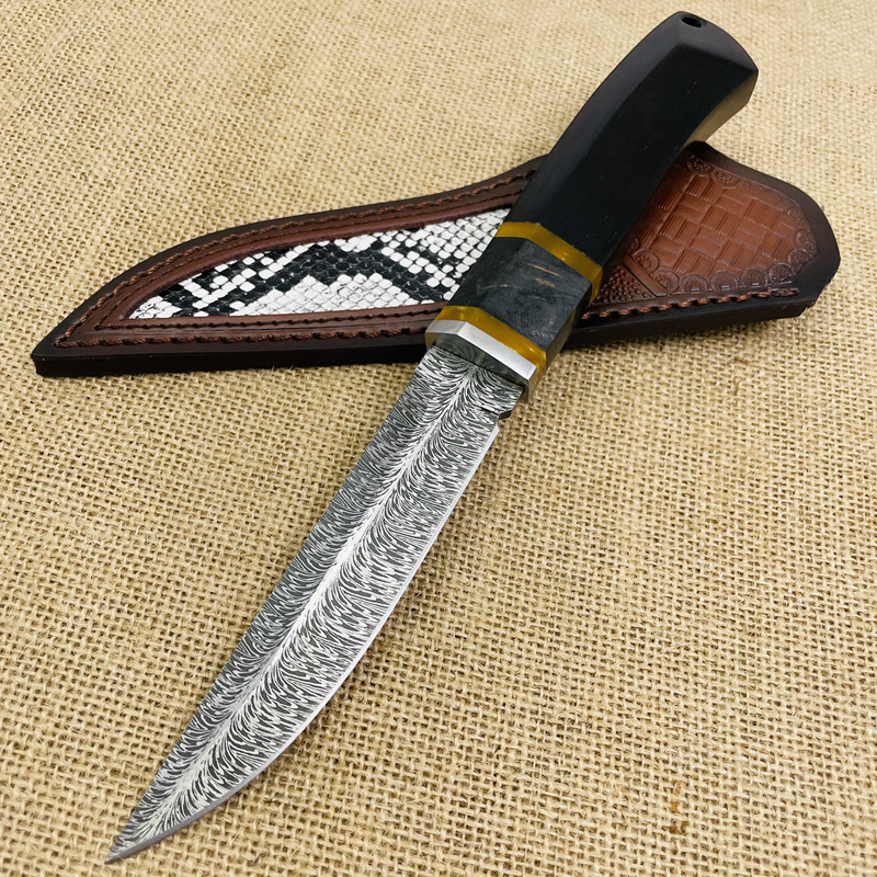 Sombra patrón de plumas pequeño cuchillo recto de alta dureza de acero de Damasco acampar al aire libre autodefensa cuchillo de supervivencia cuchillo de colección