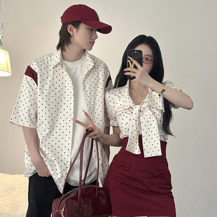 2025 Couple Outfits Two-Piece Set High-End Polka Dot Same Color Summer Suit Dropshipping
