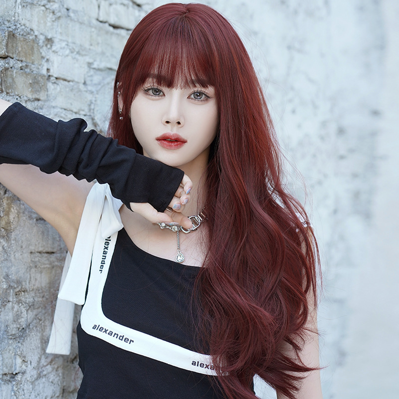 Wig women's long hair big wave curly hair Internet celebrity same style raspberry red long curly hair whole top full head cover wig wholesale