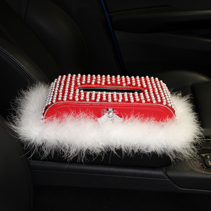 Caja de pañuelos de perlas con incrustaciones de diamantes creativos para coche, cojín de plumas, decoración, asiento, servilleta, caja de dibujo, suministros para coche