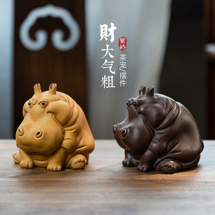 Yixing purple sand tea pet hippopotamus ornaments handmade purple mud rich and rich sculpture tea set tea table accessories decoration wholesale