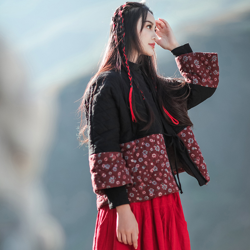 Guishang Short Cotton Coat for Women 2025 Autumn and Winter Ethnic Style Women's Sweet Color-Blocking Cardigan Plus-Size Cotton Jacket