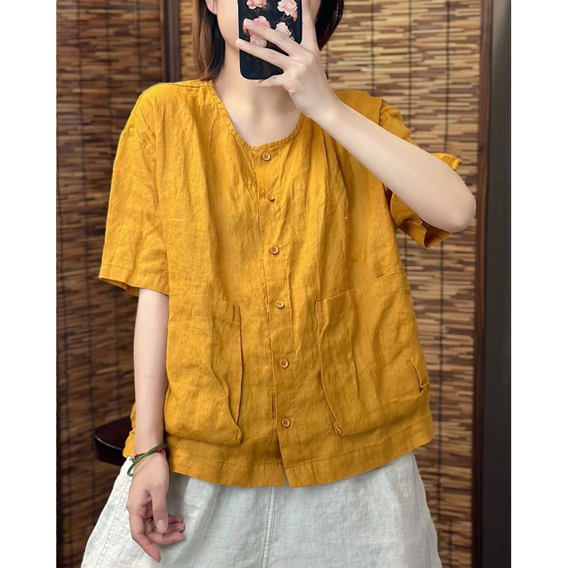 Cotton and Linen Casual Round-Neck Shirt, Lazy Style Cardigan, New Summer Versatile Short-Sleeve Home Top with Pocket Design for Women