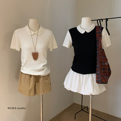 WGWE6090 ガーリーフェイクツーピース麻柄コントラストポロ半袖トップス