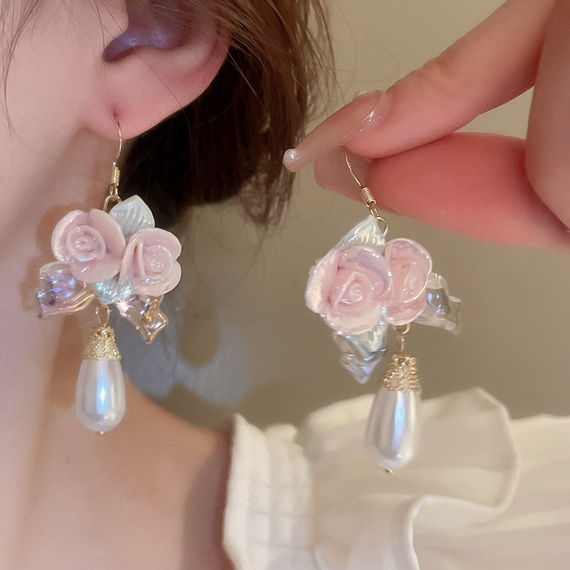 Pendientes de borla de cristal de hilo de malla de pétalo de aguja de plata Pendientes de estilo de vacaciones de playa dulce rosa Pendientes de moda de temperamento Mujer