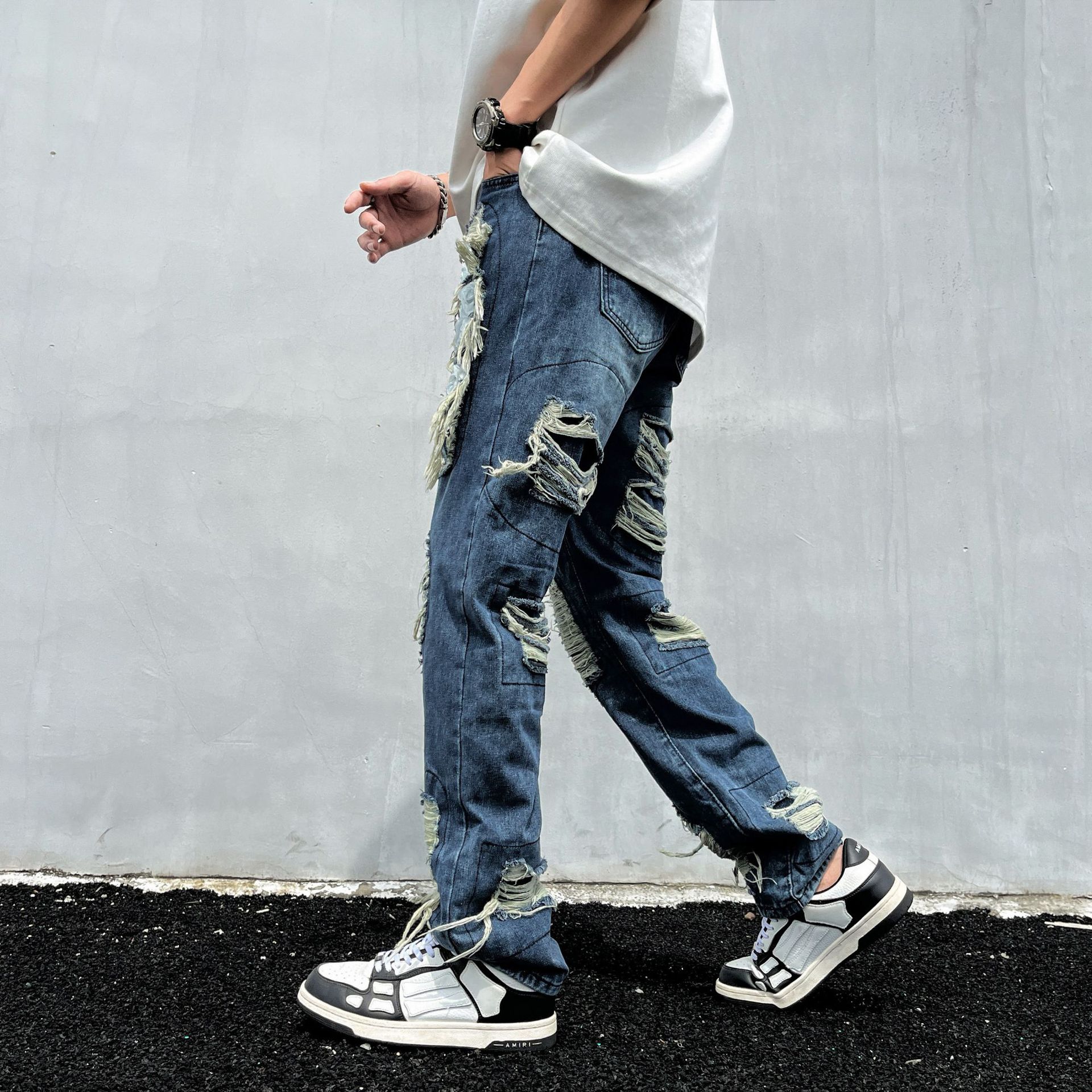 Tie-Dye Ripped Jeans For Men And Women American High Street Vintage Washed Slim Fit Flared Pants_mkmklike.com