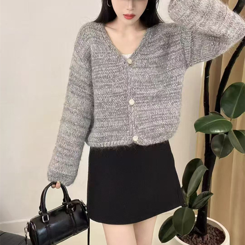 软糯纯色灯笼袖V领针织衫外套女2025秋冬款韩系慵懒风针织衫上衣|undefined