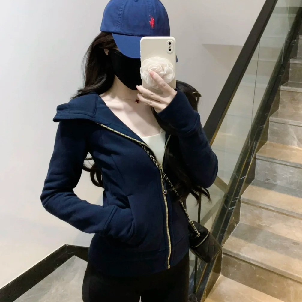 Gold Zipper Hooded Sweatshirt for Autumn and Winter, Warm and Thickened with Fleece, Women's Sports Slim Fit, Suitable for Hiking, with a High-End Feel