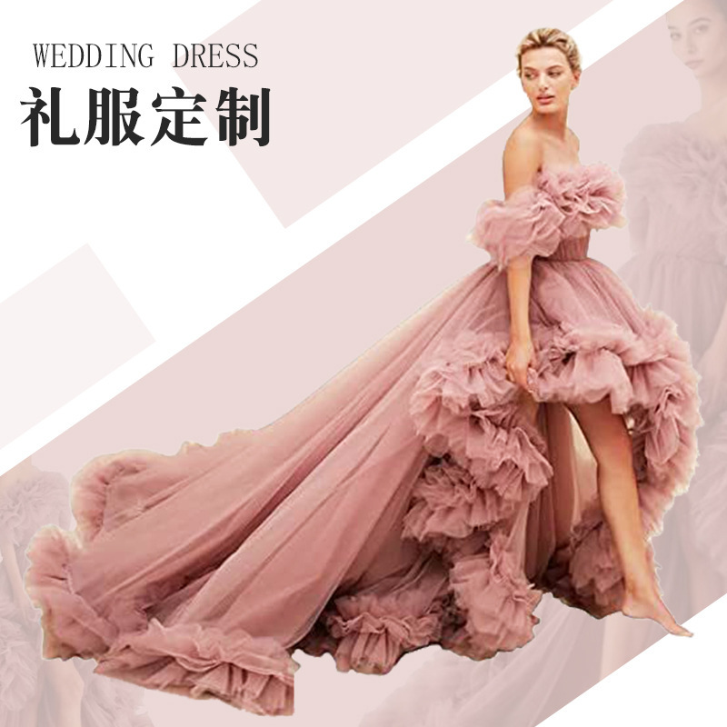 Customized Tube Top Short Front and Long Back Skirt with Trailing Bud Pleated Dress Mesh Elegant Style Shooting Skirt Wholesale