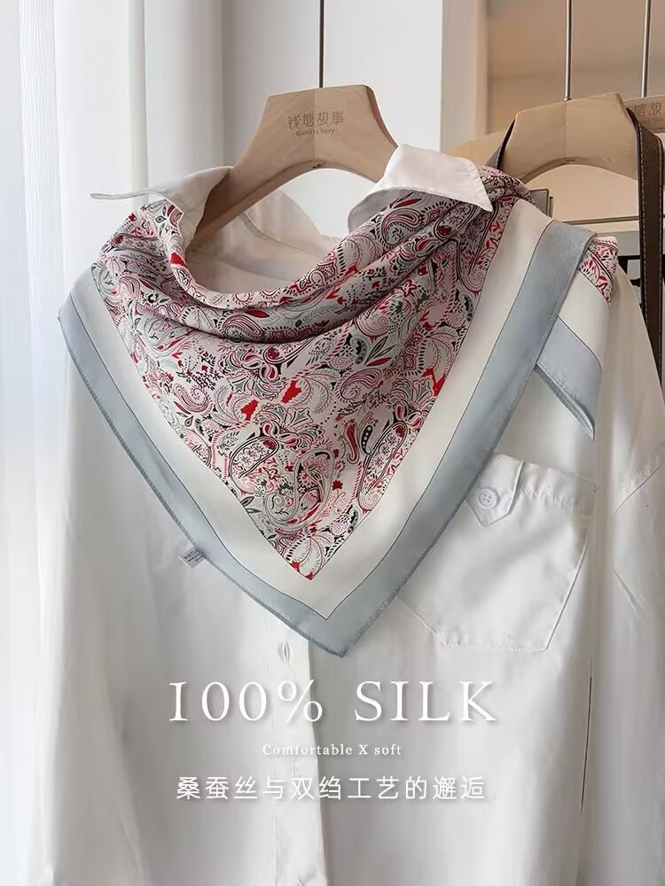 French Luxury Paisley Cashew Silk Crepe Scarf For Women - Summer Thin Mulberry Silk Vintage Square Scarf For Autumn/Winter - Thumbnail 6