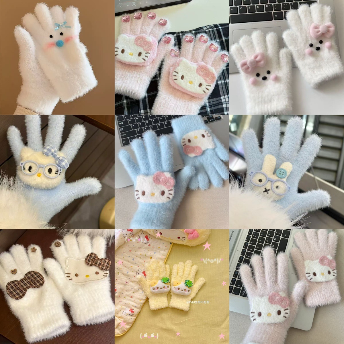 复古文艺美拉德kitty手套女冬季2025新款保暖五指学生骑车防寒