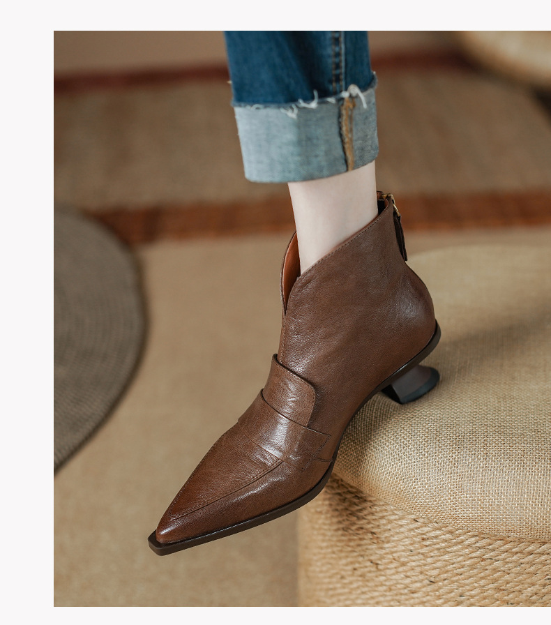 Retro Women's Ankle Boots Pointed Toe Low Heel Back Zipper Slimming Winter Style Unique Cowboy Boots_vogvips.com