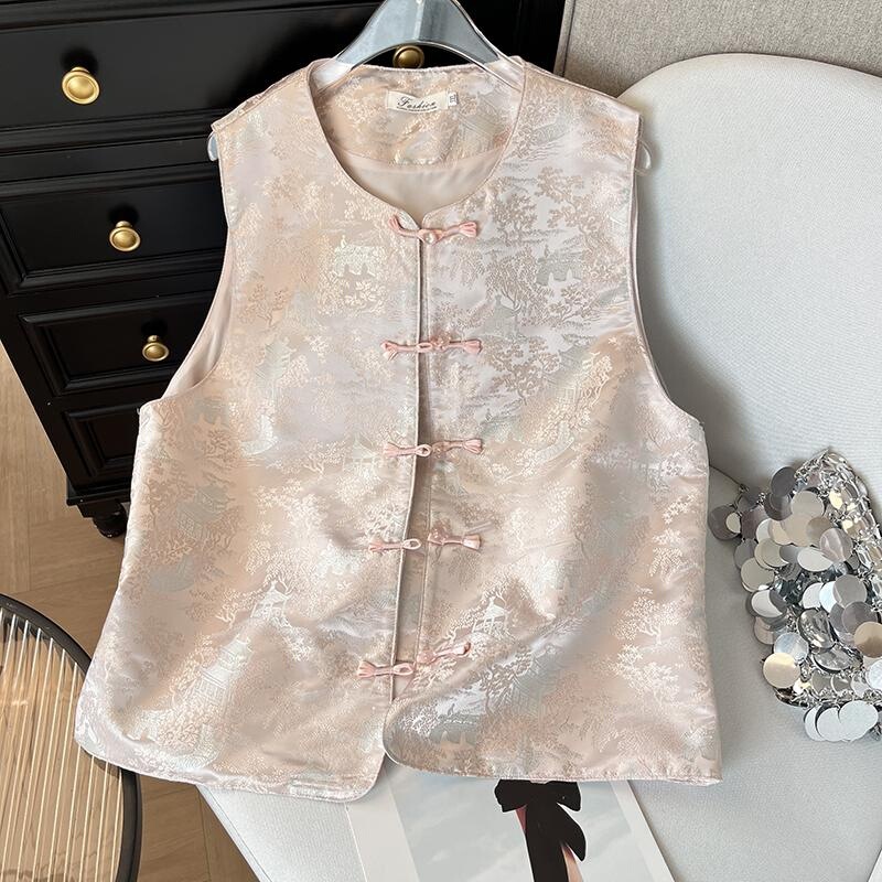 New Chinese-Style Jacquard Sleeveless Vest with Traditional Buttons for Women, Autumn 2026, High-End Fashion Loose-Fitting Tang Suit Top