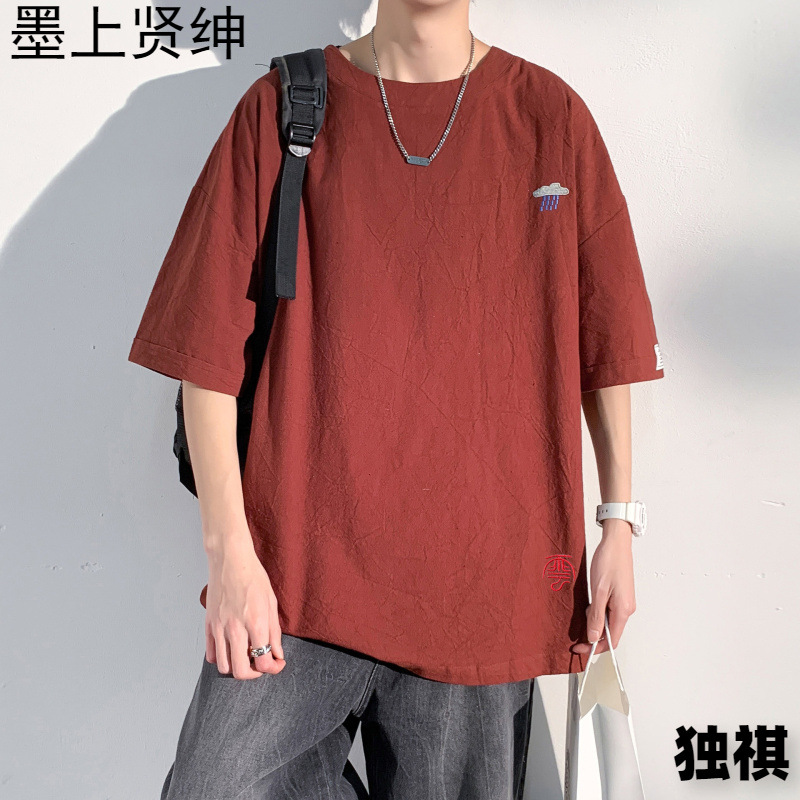 Camiseta de algodón y lino con manga media suelta bordada para hombre de manga corta, camiseta de verano para hombre, ropa de lino, camiseta de talla grande