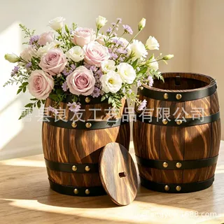可定制酒桶咖啡木桶户外派对装饰鲜花摆件花盆厨房带盖收纳实木桶