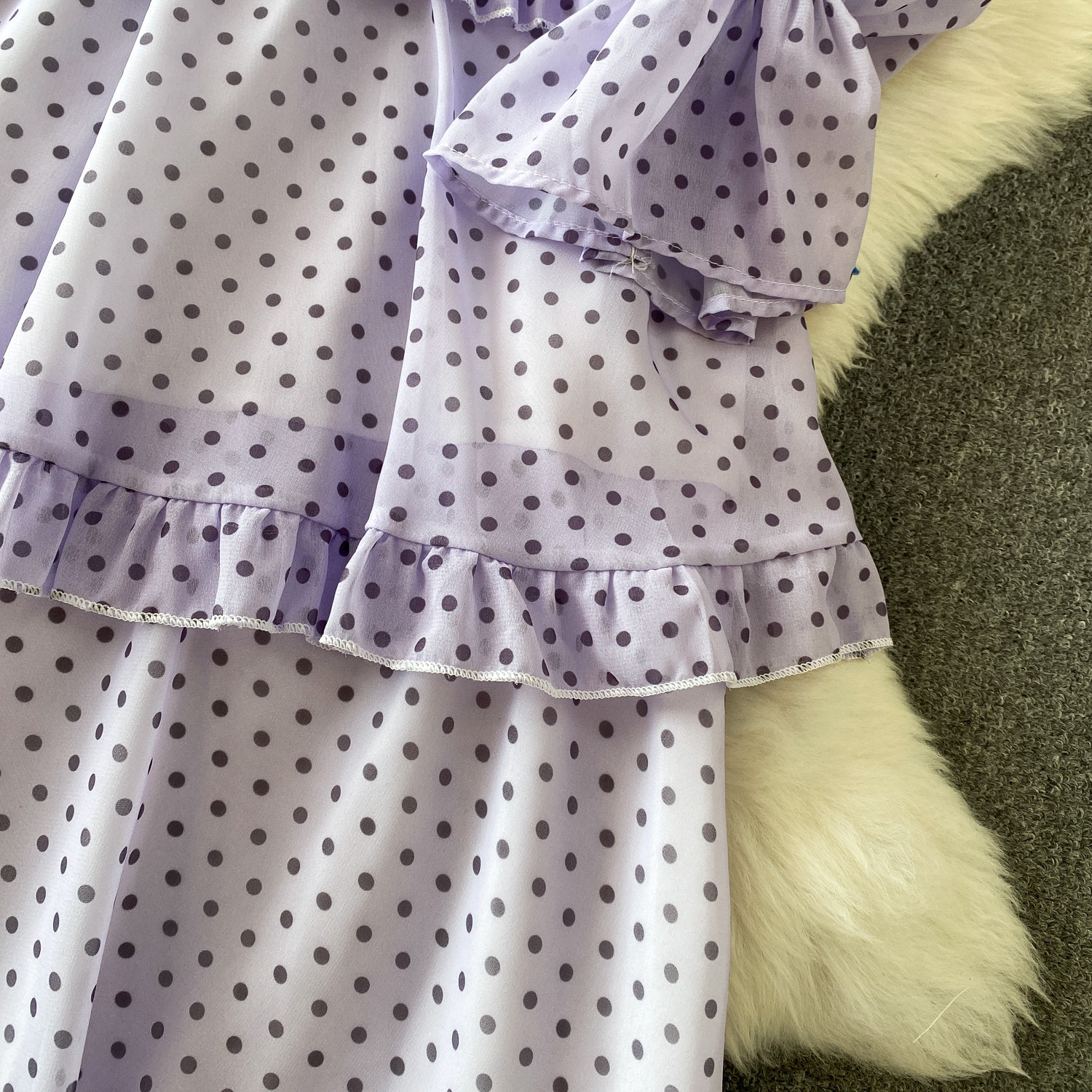 Women's French Sweet Color Block Bow V Neck Long Sleeve Dress Summer Polka Dot Ruffle Hem Elegant Long Skirt_ecoleips.com