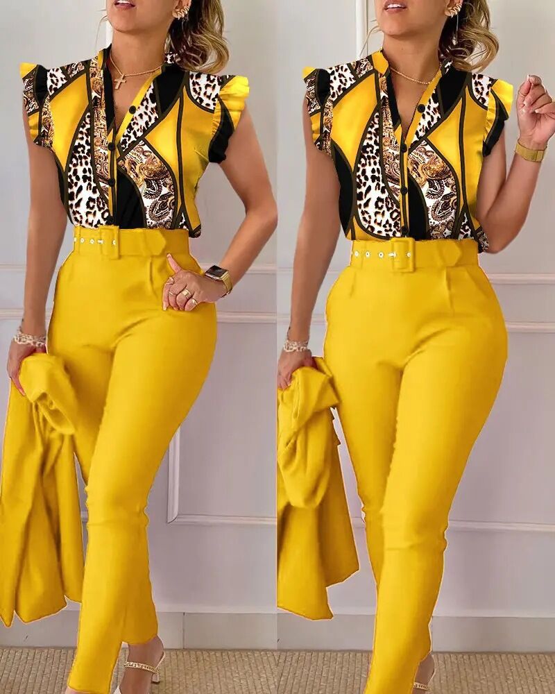 Comfort Function Slim Fit Type Office Women's Business Fashion Stripe Polyester Printing Pant Co-ord Set Pants Sets