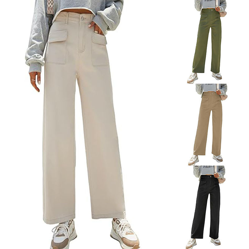 Cross-Border European and American Amazon Women's Jogger Casual High-Waisted Straight-Leg Cargo Wide-Leg Pants with Pockets, Cropped Wide-Leg