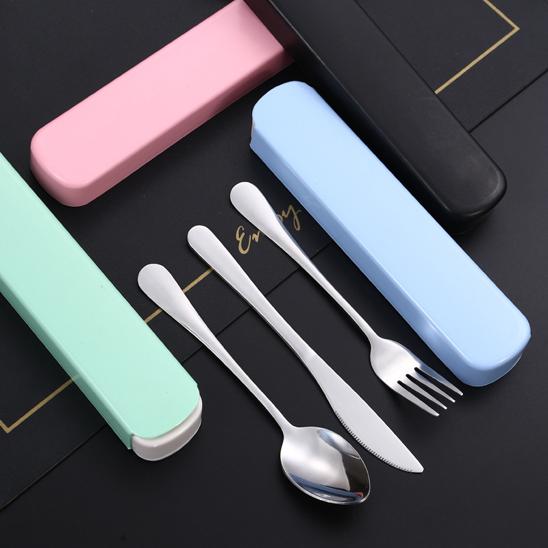 Juego portátil de cubiertos de acero inoxidable, incluye cuchillo, tenedor y cuchara, ideal para estudiantes o camping