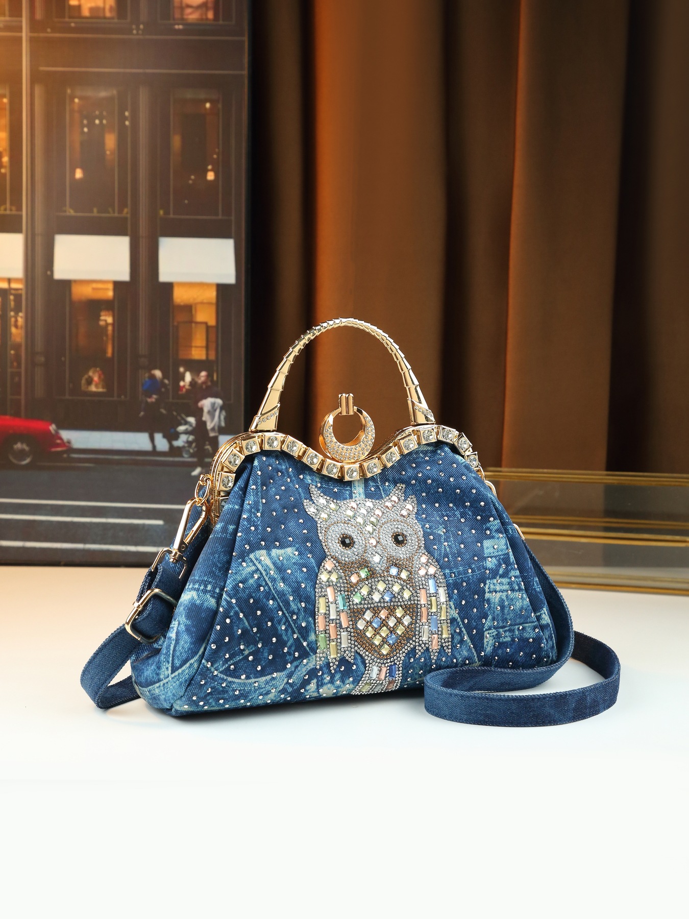 Borsa a tracolla elegante da donna in jeans con strass gufo_voghion.com
