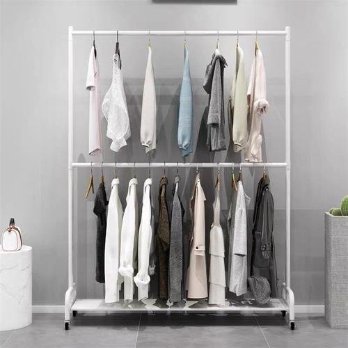 Double-layer clothing store display rack, floor-standing hanger with wheels, movable, height-adjustable balcony drying rack