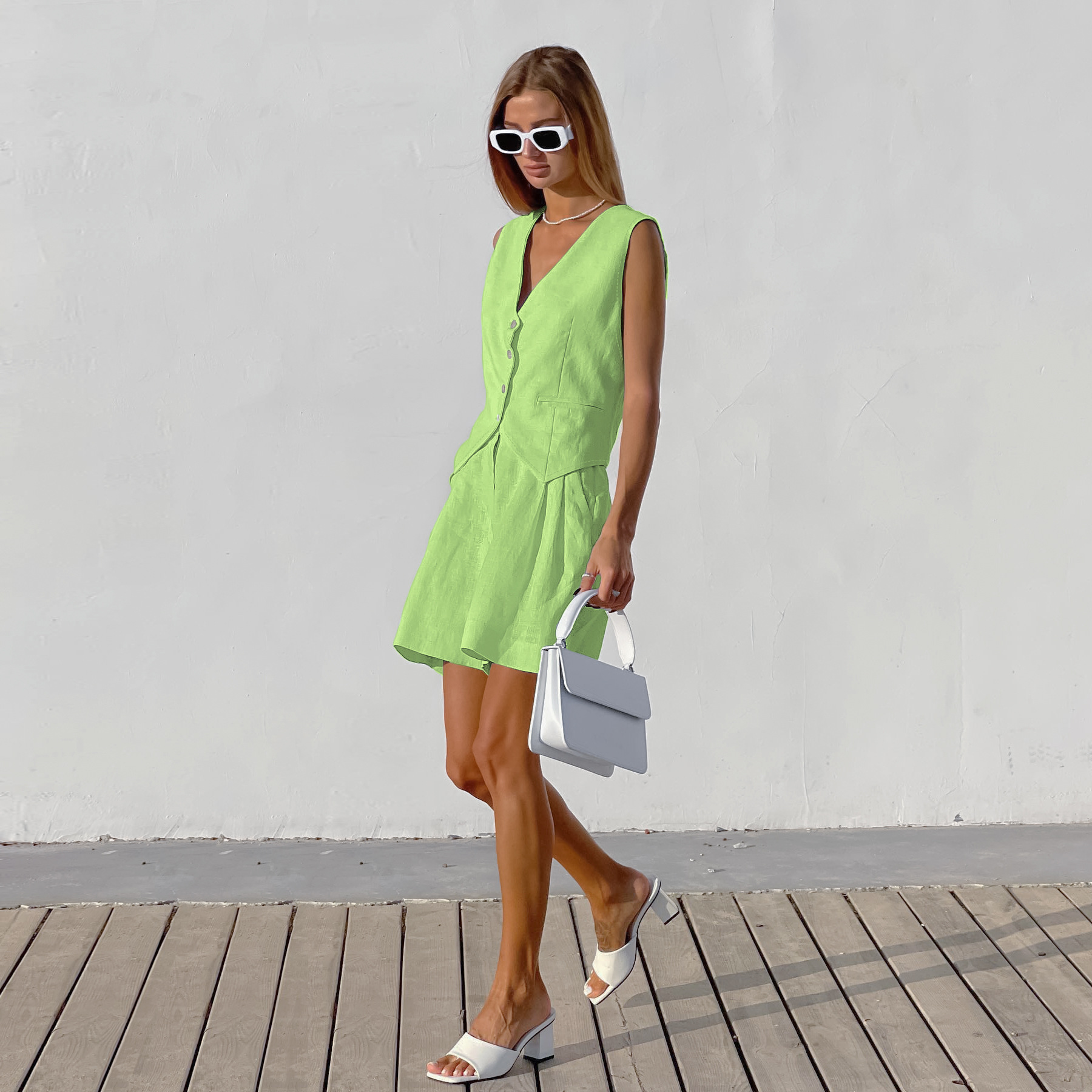 238g Weight Sleeveless Sleeve Length Cotton Fabric Type Pant Co-ord Set Sets Type 2 Pieces Set Quantity Holiday, Daily Occasion V Neck Neckline Regular Fit Fit Type Solid Color Pattern Summer Season Women's Gender Streetwear Style Holiday Daily Women's Streetwear Solid Color Cotton Pant Co-ord Set Shorts Sets 24